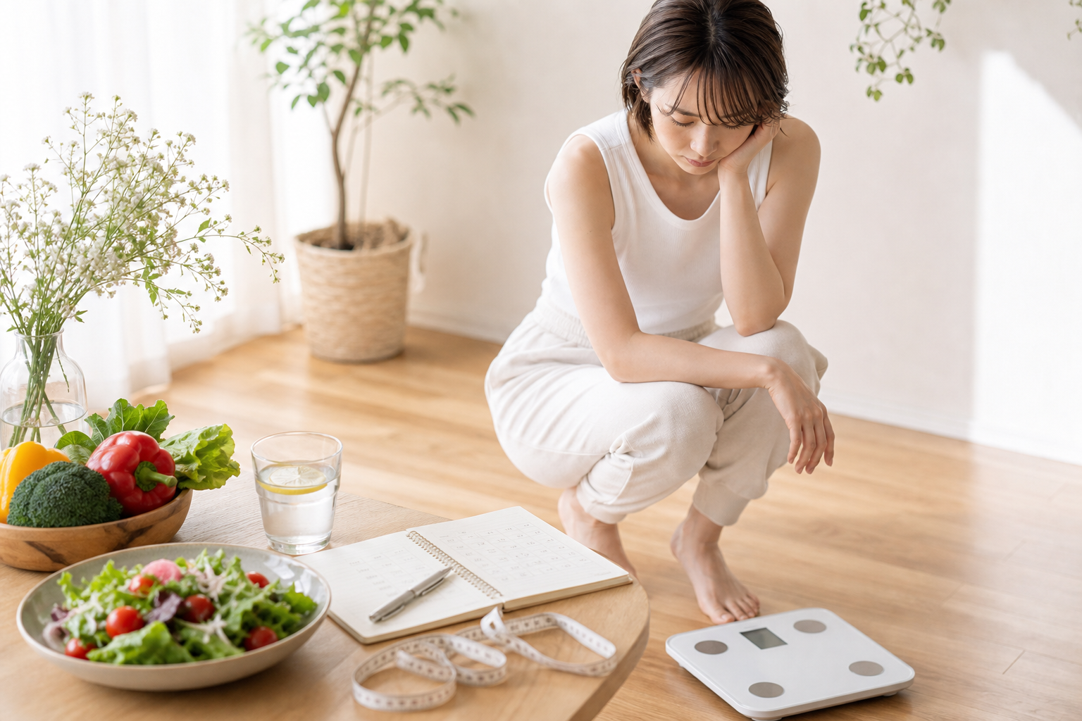 ダイエットを頑張っているのに体重が減らず困っているイメージ